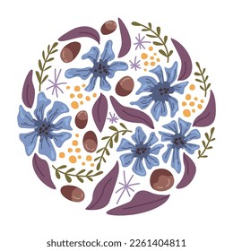 Abstract floral pattern in shape of circle. Isolated blooming flowers with foliage and leaves, twigs and branches. Summer blossom. Vector in flat style