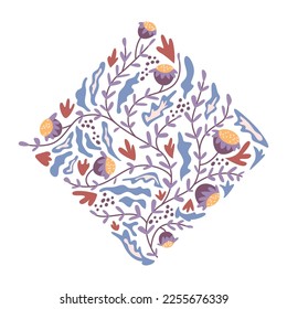 Abstract floral pattern in shape of rhombus. Isolated geometric form with blooming flowers and spring foliage, bushes and petals. Vector in flat style