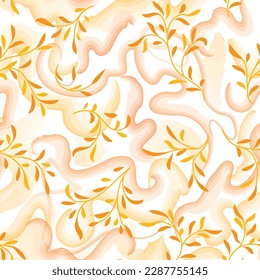 Abstract floral pattern with splash and watercolord swirl lines. Flourish seamless texture. Stylish abstract vector branch with leaves summer nature background