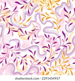 Resumen de patrones florales con salpicaduras y líneas de giro acuáticas. Una textura impecable. Rama vectorial abstracta con hojas fondo natural de verano