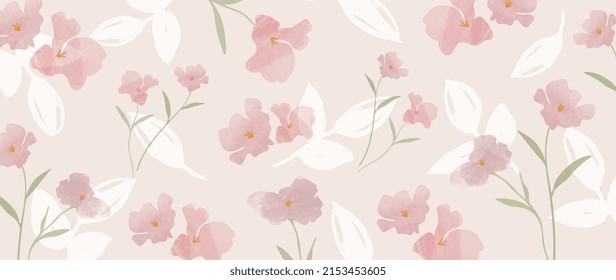 Abstract floral in pattern vector background. Blossom wallpaper with green leaves, pink flower in watercolor texture. Spring flowers illustration suitable for fabric, prints, cover.