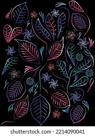 Abstrakter Blumenvektor mit bunten Pflanzen, Blättern, Blättern und kleinen Blumen. Elegantes und nahtloses Design.