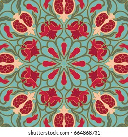 Abstract floral pattern. Vector colorful background with pomegranates. Template for textile, carpet, shawl.