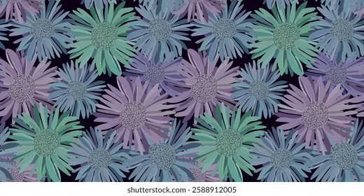 Abstract Floral Pattern with Vibrant Blue, Green, and Purple Tones on a Dark Background – Modern Seamless Botanical Design