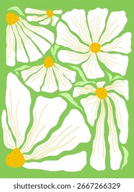 Patrón floral Abstractas - flores blancas de manzanilla sobre fondo verde Vector