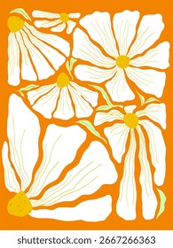 Abstract Floral Pattern - White Flowers Chamomile on  Orange Background Vector