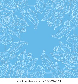 Abstract floral pattern with white outline symbolical flowers on blue background. Vector