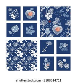 Abstract floral patterns. Beautiful plant design details.Wavy swirl pattern set in blue colors. Vector background for various surface. Trendy hand drawn textures. Hand-Drawn Vector Illustration.