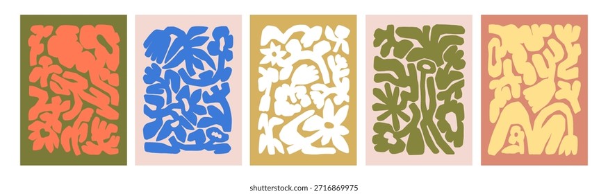 Abstract floral patterns, modern style card designs set. Creative flower posters with trendy shapes pattern, textures, whimsical nature backgrounds, doodle drawings. Flat vector illustrations