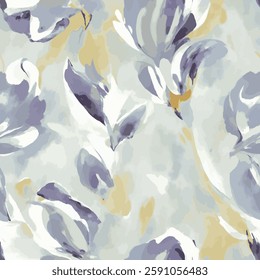 abstract floral patterns in purple, white and yellow on a light blue and white background