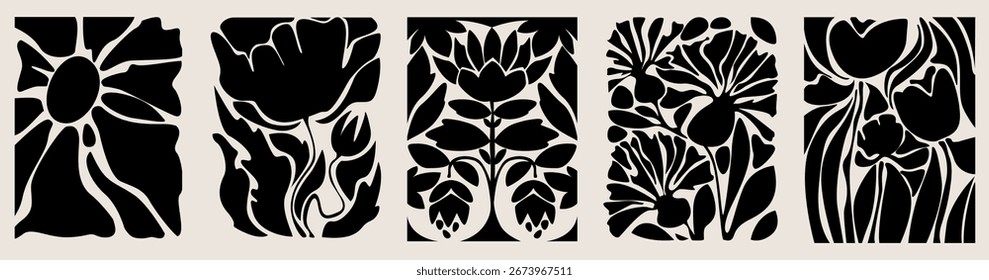 Abstractas patrones florales sobre fondo beige. Ilustración vectorial de hojas negras y recorte de flores, siluetas botánicas retro para diseño de póster vintage, Formas de naturaleza orgánica, arte bohemio