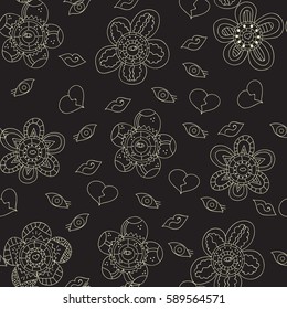 Abstract floral pattern.Seamless,hand-drawn, white outline on a black background