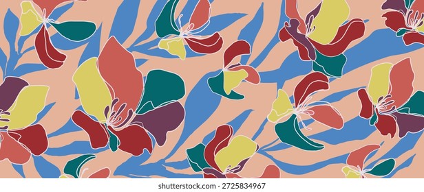 Patrón floral inconsútil Abstractas del Vector de los pétalos florales con el fondo beige, hojas multicolores, repetición geométrica moderna. Diseño fresco del fondo del verano de la primavera para el Fondo de pantalla, tela, envoltura, Web.