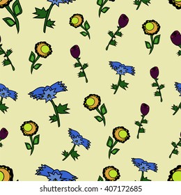 Abstract floral picture, illustration with different flowers on the yellow background, seamless texture perfect for fabric, vector illustration