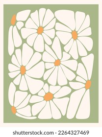 Abstract floral poster with daisy flowers. Vector Illustration retro groovy pattern with hand drawn chamomile flowers. Aesthetic modern art. Hippie 60s, 70s, 80s style