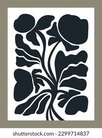 Abstract floral poster. Fashion hand drawn plant in naive Matisse style. Decorative modern botanical wall art. Black and white vector illustration isolated