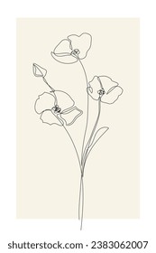 Abstract floral poster. Minimal poppy flowers, minimalist one line drawing - floral background. Vector illustration.