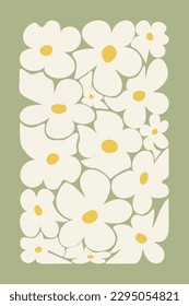 Abstract floral poster. Minimalist daisy flowers - retro 70s style, vintage floral background. Vector illustration.