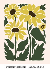 Abstract floral poster - minimalist sunflowers retro 70 style, vintage botanical background. Vector illustration.