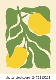 Abstract floral poster retro groovy lemon design for wall prints. Aesthetic contemporary citrus fruit vector illustration.