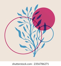 Abstract floral poster risograph style. Tropical leaf branch circle lino print effect, botanic element. Minimalist vector art