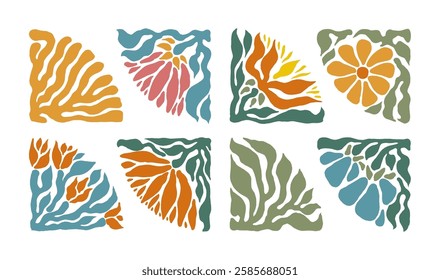 Abstract floral poster set. Botanical papercut art. Vector designs of plant pattern shapes in boho, naive, vintage styles. Floral corner frame	
