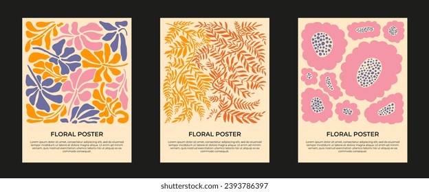 Abstract floral poster set. Groovy flowers and leaves in trendy naive retro style. 