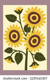 Abstract floral poster - sunflowers. Fashion hand drawn plant in naive style. Decorative modern botanical wall art. Vector illustration isolated