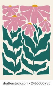 Abstract floral poster. Vector illustration of tall blooming flowers in trendy naive retro hippie style of 60s 70s. Modern poster and background. Vector illustration