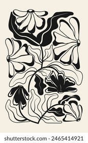 Abstractas póster floral. Ilustración en blanco y negro en estilo hippie retro naive de moda de los años 60 y 70. Cartel y fondo modernos. Ilustración vectorial