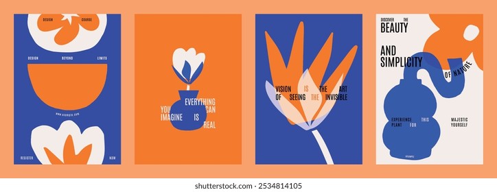 Abstract floral posters with bold colors, featuring orange and blue flowers. Creative design with modern, artistic floral elements. Vibrant floral vector art. Blue and orange vector posters.