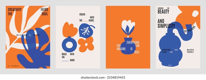 Abstract floral posters with bold colors, featuring orange and blue flowers. Creative design with modern, artistic floral elements. Vibrant floral vector art. Blue and orange vector posters.