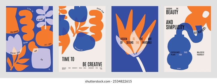 Abstract floral posters with bold colors, featuring orange and blue flowers. Creative design with modern, artistic floral elements. Vibrant floral vector art. Blue and orange vector posters.