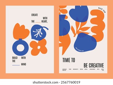 Abstract floral posters with bold colors, featuring orange and blue flowers. Creative design with modern, artistic floral elements. Vibrant floral vector art. Blue and orange vector posters.