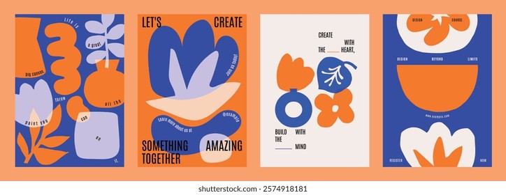 Abstract floral posters with bold colors, featuring orange and blue flowers. Creative design with modern, artistic floral elements. Vibrant floral vector art. Blue and orange vector posters.