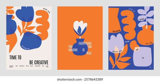 Abstract floral posters with bold colors, featuring orange and blue flowers. Creative design with modern, artistic floral elements. Vibrant floral vector art. Blue and orange vector posters.