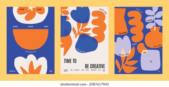 Abstract floral posters with bold colors, featuring orange and blue flowers. Creative design with modern, artistic floral elements. Vibrant floral vector art. Blue and orange vector posters.