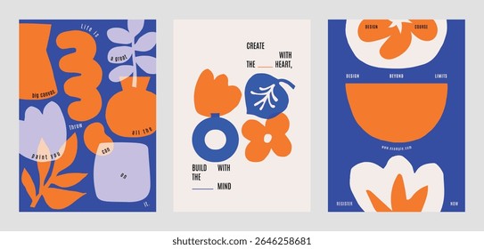 Abstract floral posters with bold colors, featuring orange and blue flowers. Creative design with modern, artistic floral elements. Vibrant floral vector art. Blue and orange vector posters.