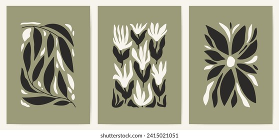 Abstract floral posters in color of the year Viridis. Modern trendy Matisse minimal style. Hand drawn design for wallpaper, wall decor, print, postcard, cover, template, banner.