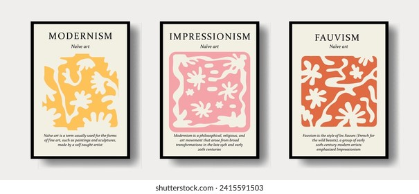 
Abstract floral posters with hand drawn elements in infantile  contemporary style. Vector naive art print.