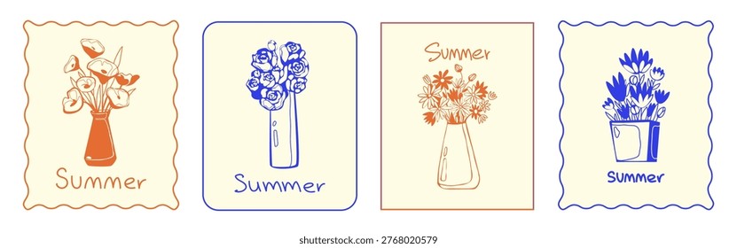 Abstract floral posters with hand drawn flowers in vase, sketch style set of vector borders. Modern minimalist vintage design for Mother's Day cards, spring greeting postcards, or retro art prints.