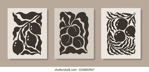 Abstract Floral Posters and Lemon  Pomegranate   Peach Fruits   Leaves   Modern Botanical Print in Contemporary Minimalist Style  Trendy Groovy Vector Illustration in Beige   Black Colors
