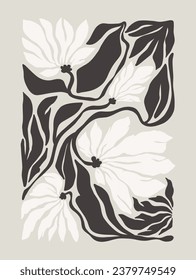 Afiches florales abstractos. Moderna moda Matisse minimalista. Colores pasteles. Diseño dibujado a mano para papel pintado, decoración de pared, impresión, postal, cubierta, plantilla, banner. Ilustración vectorial.