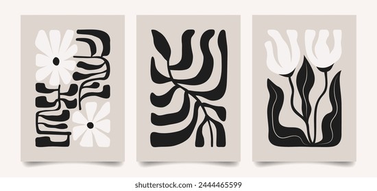 Abstract floral posters. Modern trendy Matisse minimal style. Contemporary dark botanical backgrounds. Hand drawn design for wallpaper, wall decor, print, postcard, cover, template, banner.