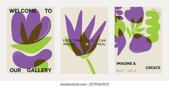 Abstract floral posters with purple flowers and green leaves. Modern design with text. Creative gallery art. Imaginative and colorful floral themes. Creative floral poster template vector set.