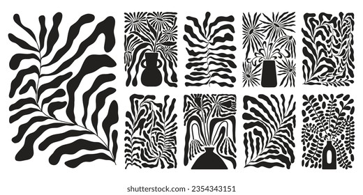 Abstract floral posters set. Contemporary minimal botanical doodle shapes, modern groovy curves aesthetic. Vector collection