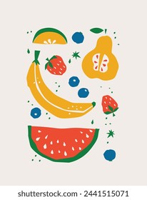 Abstract Floral Posters Set with Fruits and Leaves . Trendy Groovy Abstract paper cut elements, fruits and berries for social media, postcards, print.