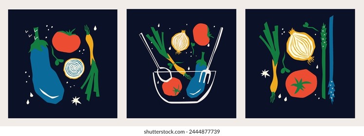 Abstract Floral Posters Set with Fruits, Vegetables and Leaves . Trendy Groovy Abstract paper cut elements, fruits and berries for social media, postcards, print.