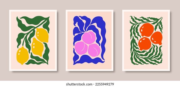 Abstract Floral Posters Set and Lemon  Pomegranate   Peach Fruits   Leaves   Modern Botanical Prints in Contemporary Style  Trendy Groovy Vector Illustration in Bright Yellow  Blue  Pink Colors