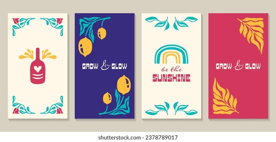 Abstract floral posters set with lemon fruit and leaves in matisse minimal style. Flowers and plants trendy vector illustration banners, wall arts. Modern naive groovy botanical prints and frames.
